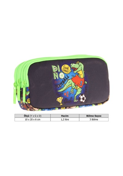 Kaukko Kids Yeşil Siyah, Dinazor Baskılı, Erkek Çocuk Üç Bölmeli Okul Kalem Çantası - L8266 Yeşil - Siyah