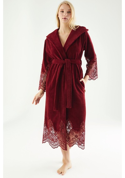 Dantelli Uzun Kapüşonlu Triga Bambu Cotton Bayan Bornoz Bordo
