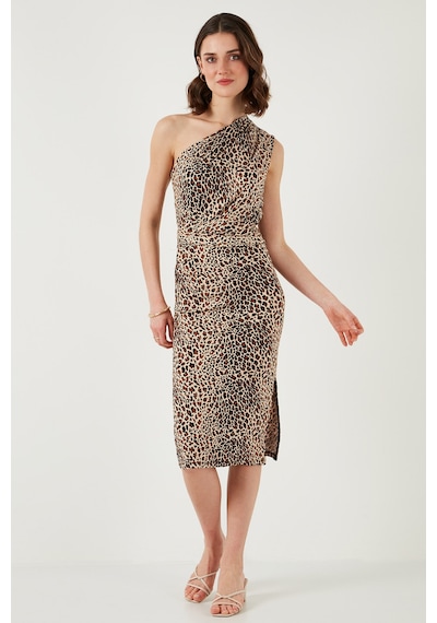 Lela Slim Fit Tek Omuzlu Yırtmaçlı Bağlama Detaylı Midi Bayan Elbise 5866272 Leopar