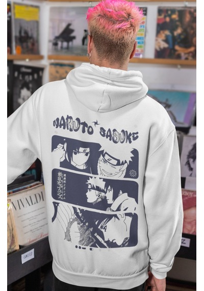Sevbano Naruto Sasuke Uchiha Anime Sırt Baskılı Unisex Oversize Penye Hoo beyaz