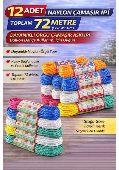 12 Adet Naylon Çamaşır İpi 6 Metre Dayanıklı Örgü Çamaşır Askı İpi Toplam 72 Metre Beyaz - Siyah