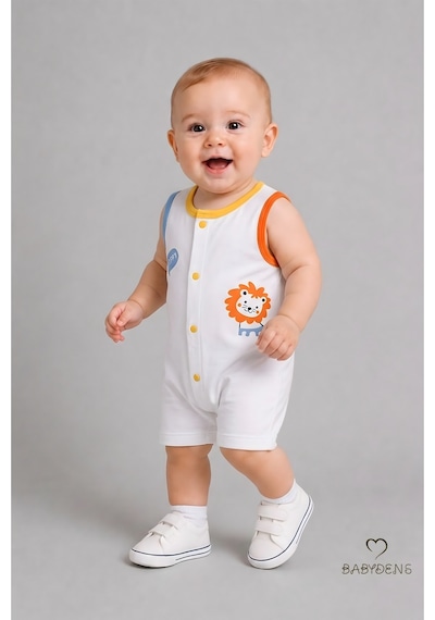 Babyden's Erkek Bebek Tulum Yazlık Pamuklu Şortlu Çıtçıtlı Aslan Baskılı Bebek Tulumu Yenidoğan Bebek Giyim 0-9 Ay Beyaz