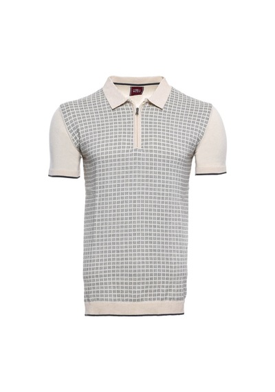 Yake Store Polo Yaka Krem Desenli Fermuarlı Örme T-shirt Wessi - Krem Beyaz