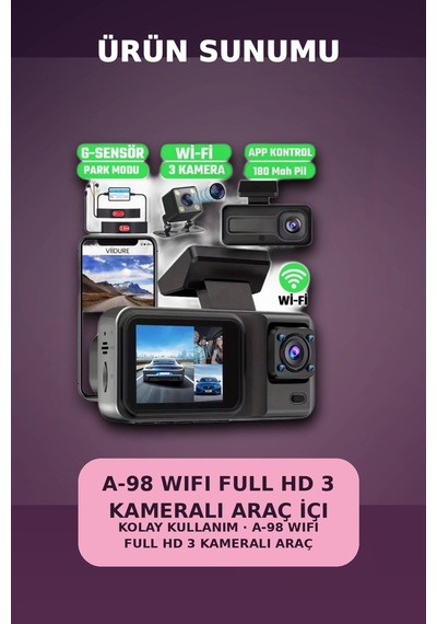 1080p Full Hd 3 Kameralı Wi-fi Bağlantılı Araç İçi Kayıt Cihazı Ve Park Kamerası Seti