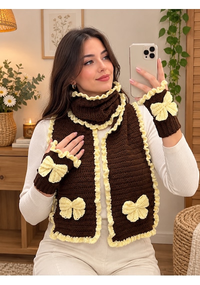 El Örgüsü Pinterest Model Fırfırlı Fiyonklu Kadın Atkı Eldiven Seti Kahve