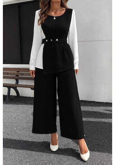 Moderie Butik Kadın Uzun Kollu Açık Yakalı Çift Renkli Kemerli Ithal Krep Ikili Takım Siyah Moderie Butik Kadın Uzun Kollu Açık Yakalı Çift Renkli Kemerli Ithal Krep Ikili Takım Siyah