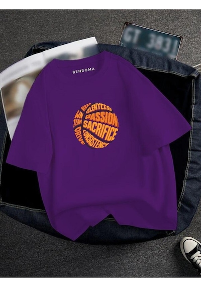 Oversıze Basketbol Topu Baskılı Unısex Tisort Baskılı Mor