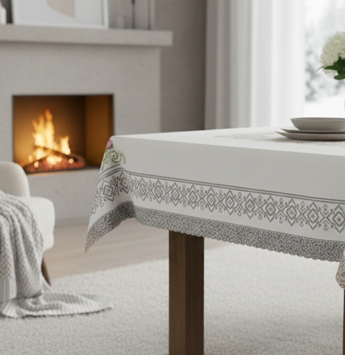 Etnik Desen Polyester Kumaş Yakma Kenar Leke Tutmaz Yemek Masa Örtüsü Krem - Gri