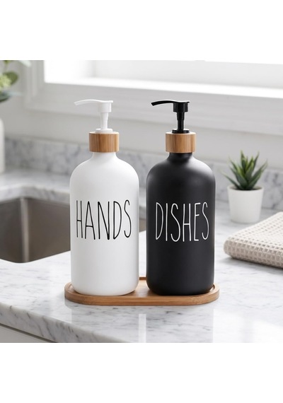2'li Lüx Cam Sıvı Sabunluk, Mutfak Ve Banyo İçin Modern Cam Sıvı Sabunluk, Doldurulabilir Ve Pompalı Trend Desenli Siyah