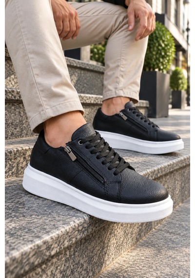 Mevese Roirraw Bağcıklı Ve Fermuarlı Cilt Erkek Günlük Sneaker Ayakkabı - Siyah Beyaz