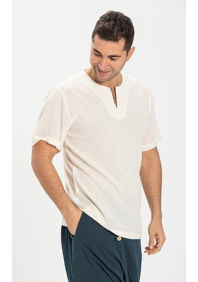 Eliş Şile Bezi Kısa Kol Şile Bezi Bisiklet Yaka Erkek Tshirt Krem 3002