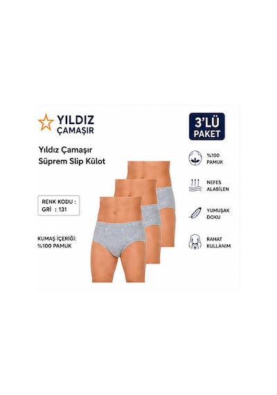 Yıldız Çamaşır Erkek Süprem Slip Külot 03-130-131 - 3 Adet Gri