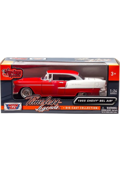 Motormax 1:24 1955 Chevy Bel Air Diecast Metal Model Araba Kırmızı Beyaz