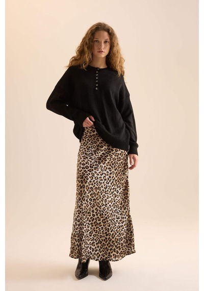 Defacto Straight Fit Normal Bel Leopar Desenli Saten Maxi Etek D6886axnser103 Ekru