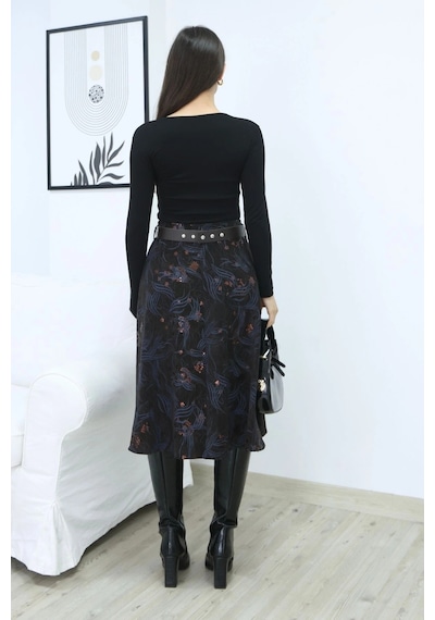 Lodmela Baskılı Ve Kemerli Kadife Etek 6069-kahve/indigo Kahve/indigo