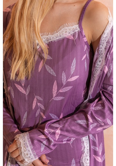 Nisanca Sabahlıklı Dantel Detaylı Pegasus Kadın Pijama Takımı-çeyizlik Takım- Geniş Beden Aralığı Lila