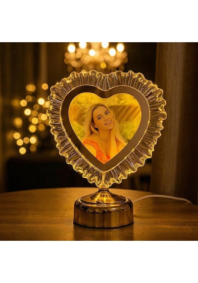 Yatak Odası İçin Abajur Led Işıklı Fotoğraflı Çerçeve Kristal Kalpli Kişiye Özel Resimli Abajür Gold