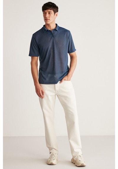 Grımelange Toby Erkek Polo Keten Görünümlü Tiril Tiril Kumaşlı Lacivert Polo Yaka T-shirt
