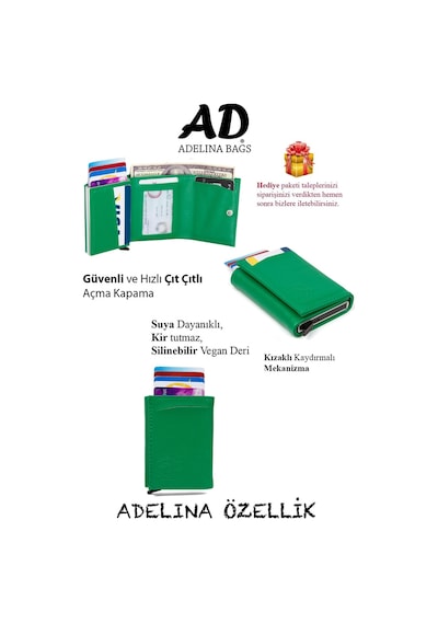 Adelina Bags Yeşil Nova Deri Mekanizmalı Otomatik Kızaklı Kartlık Cüzdan Yeşil