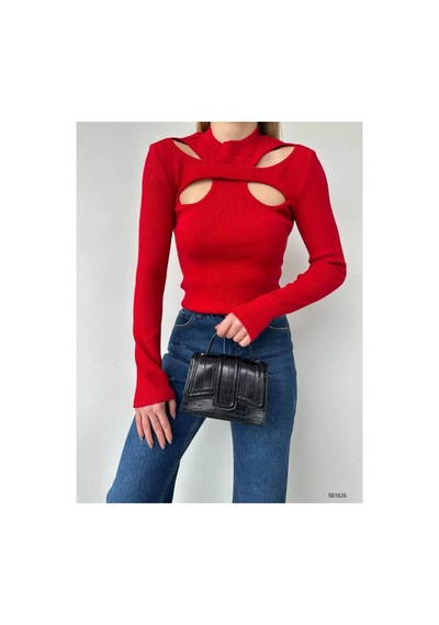 Angbutik Kadın El Emeği Dik Yaka Uzun Kol Smock Bluz Kırmızı