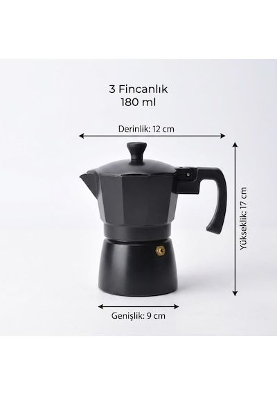 Siyah Moka Pot 3 Fincanlık, 180 Ml Alüminyum Espresso Demliği, Ocak Üstü Kahve Cezvesi, Gazlı Elektrikli Seramik Ocak Uyumlu, 9x12x17 Cm