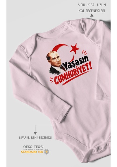 Morivokids Yaşasın Cumhuriyet Uzun Kollu Bebek Body %100 Pamuk Bebe Pembe