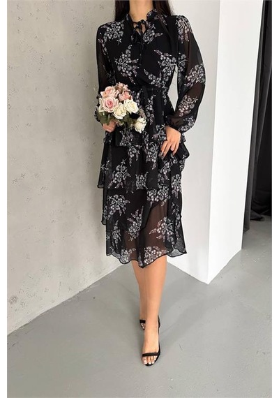 Dip Moda Kadın Yakası Bağlama Detaylı Desenli Şifon Elbise Dpnbk2036 Siyah Dip Moda Kadın Yakası Bağlama Detaylı Desenli Şifon Elbise Dpnbk2036 Siyah