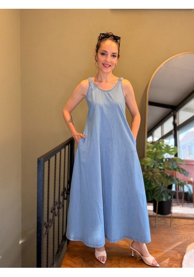 Ali Butik Açık Mavi Askıları Lastikli Tensel Elbise Ali Butik Açık Mavi Askıları Lastikli Tensel Elbise
