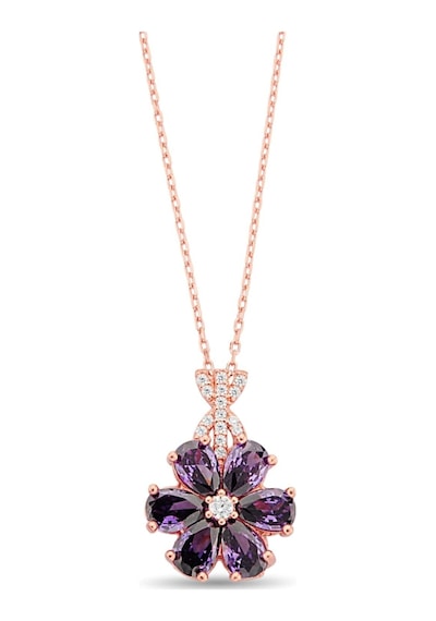 925 Ayar Gümüş Mor Taşlı Rose Çiçek Kolye - 23167201 Rose Gold