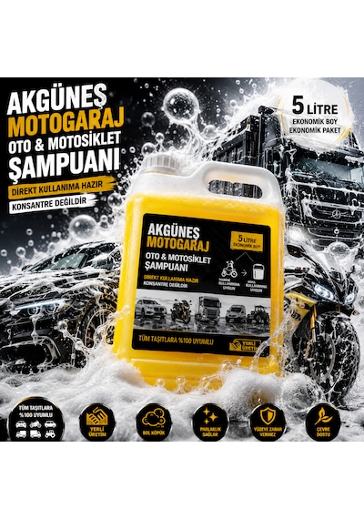 Akgüneş Motogaraj 5 Litre Oto Ve Motosiklet Şampuanı Direkt Kullanıma Hazır Makine Ve Kova Kullanımına Uygun Yerli Üretim Tüm Taşıtlara Uyumlu Ekonomik Boy