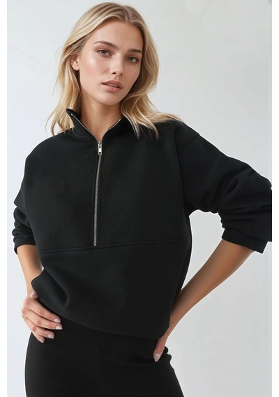 Hiccup Rahat Kesim Uzun Kollu Fermuarlı Sweatshirt Siyah