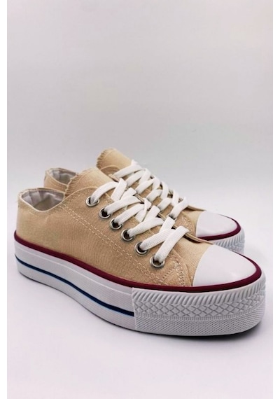 Skywalk Keten Bej Yüksek Taban Sneaker Spor Ayakkabı Bej