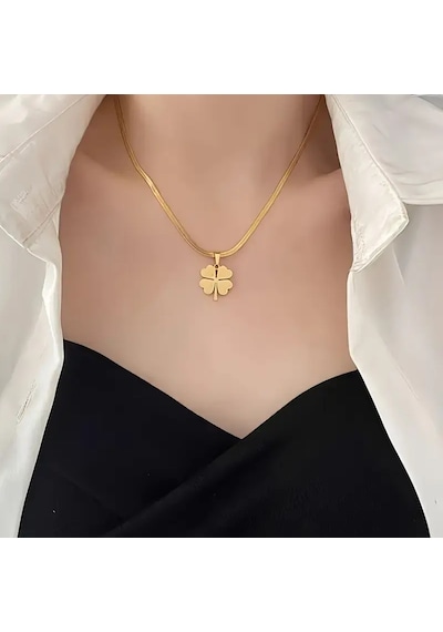 Antialerjik 316l Çelik Gold Renkli Şık Dört Yapraklı Yonca Motif Kolye, Küpe Seti Şıklık Ve Zarafet Gold