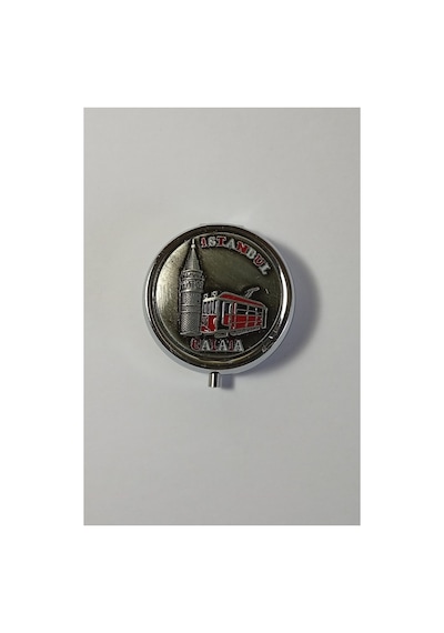 Mini Taşınabilir Cep Küllüğü - Gümüş Rengi Mini Cep Küllüğü - Çanta Küllüğü 5cm - İstanbul Galata Desenli Kapaklı Metal Mini Kül Tabağı