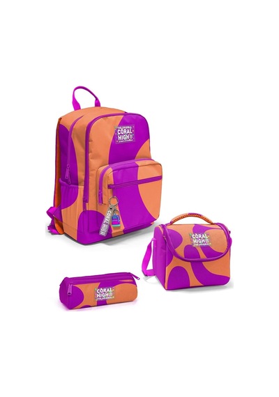 Tr Koyu Pembe Turuncu Desenli 3'lü Okul Çanta Seti Set0123684 - Kız Genel