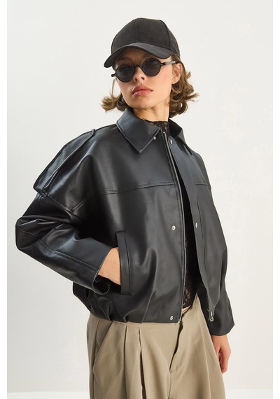 Shade Kadın Apolet Detaylı Cepli Oversize Suni Deri Bomber Ceket 1055 60283650 - Siyah