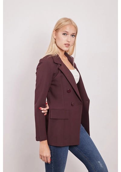 Kadın Düğme Detaylı Uzun Kol Şık Ofis Süs Cep Kapaklı Kumaş Blazer Ceket-mürdüm Mürdüm