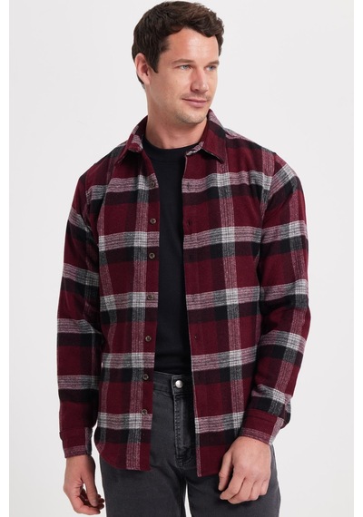Tudors Erkek Slim Fit Dar Kesim Kareli Kışlık Oduncu Gömlek-42349 Bordo