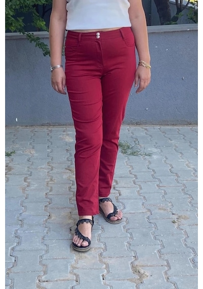 Mia Butik Kadın Kırmızı Boru Paça Pantolon Kırmızı