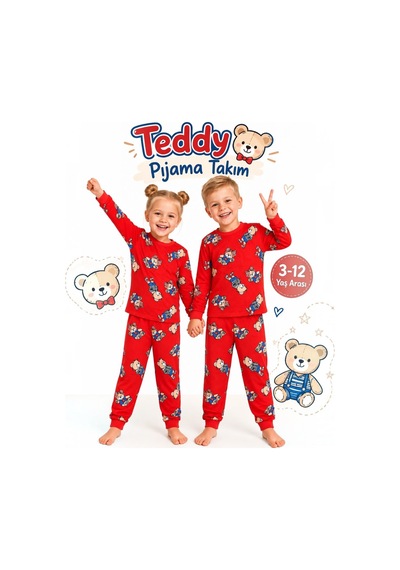 Seabubbles Teddy Bear Unisex Çocuk Pijama Takım Kırmızı