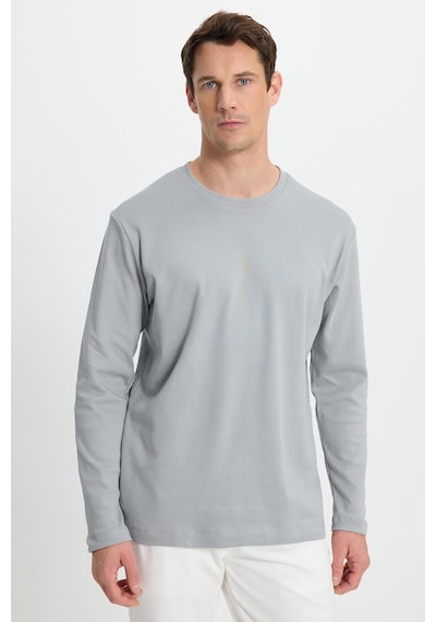 Tudors Unisex Relax Fit Rahat Kesim %100 Pamuk Uzun Kollu Bisiklet Yaka Gri Basic Tişört-41828 Gri