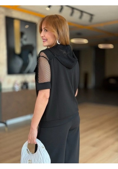Defymoda Kadın Fileli Kapüşonlu Modal Ceket Siyah