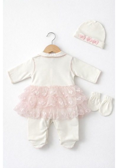 Kardeşler Bebe Dantelli Patikli Tulum Seti Bere & Eldivenli Pembe