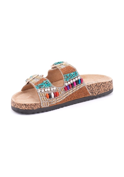 Guja 25y102-2 Kadın Mantar Taban Taşlı Çift Tokalı Comfort Terlik Camel Fuşya