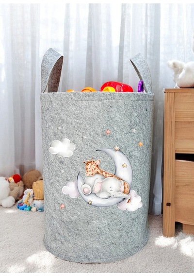 Unisex Fil Zürafa Desenli Bebek Çocuk Odası Düzenleyici Saklama Kutusu Oyuncak Kirli Sepeti 50x40 Cm Gri