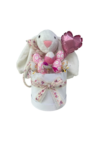 Sole Premium Paskalya Temalı 45 Cm Beyaz Bunny Tavşan Hediye Kutusu - Dekoratif Yumurta Ve Kalp Balon Detaylı Beyaz
