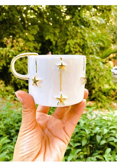 Premium Kalite 24 Ayar Altın Kaplama Yıldız Kabartmalı El Yapımı Mug 220 Ml Christmas Star Beyaz - Çok Renkli