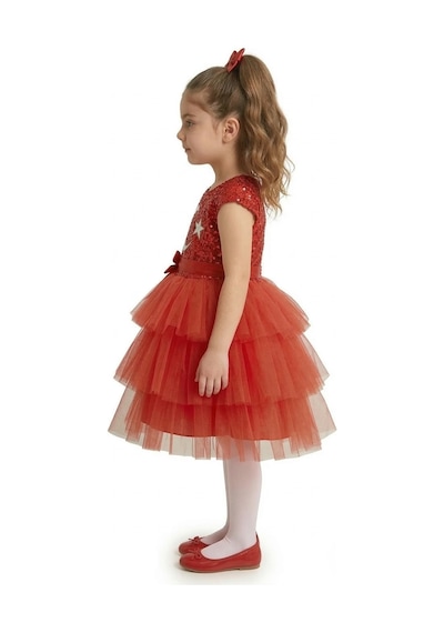 Mnk Baby & Kids Ay Yıldız Motifli Kız Çocuk 23 Nisan Elbisesi M00813 Kırmızı