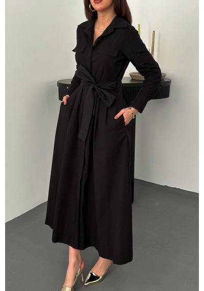 Alemdarshop Siyah Düğmeli Poplin Elbise - Siyah