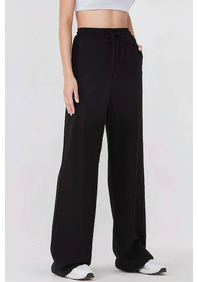 Hiccup Wide Leg Beli Lastikli Örme Eşofman Altı Siyah